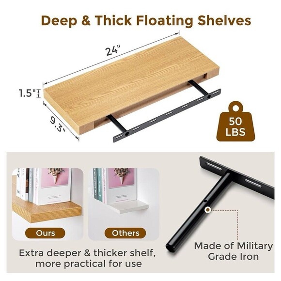 Deep Floating Wall Shelves 24” wx9.3”d x1.5”h Oak Shelving Photo Decor Display - Picture 2 of 4
